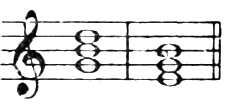 The two chords common to C major and D major: the G major triad (V of C, IV of D) and the E minor triad (III of C, II of D), in whole notes.