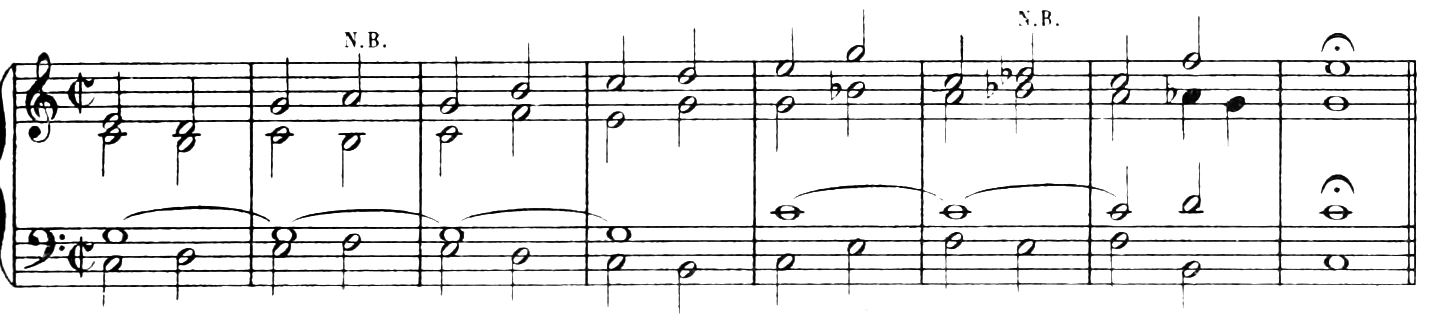 Example: a held dominant G3 (bars 1–4) and then a held tonic C4 (bars 5–7) in the tenor, C major; N.B. marks the leading-tone seventh chords over the held note