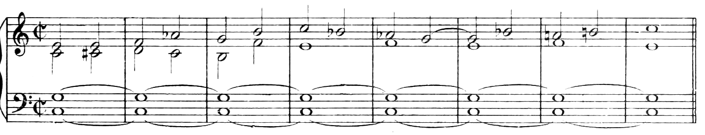 Example: a double pedal on the tonic and dominant together (C3 and G3, tied through all eight bars) under two moving upper parts, C major.