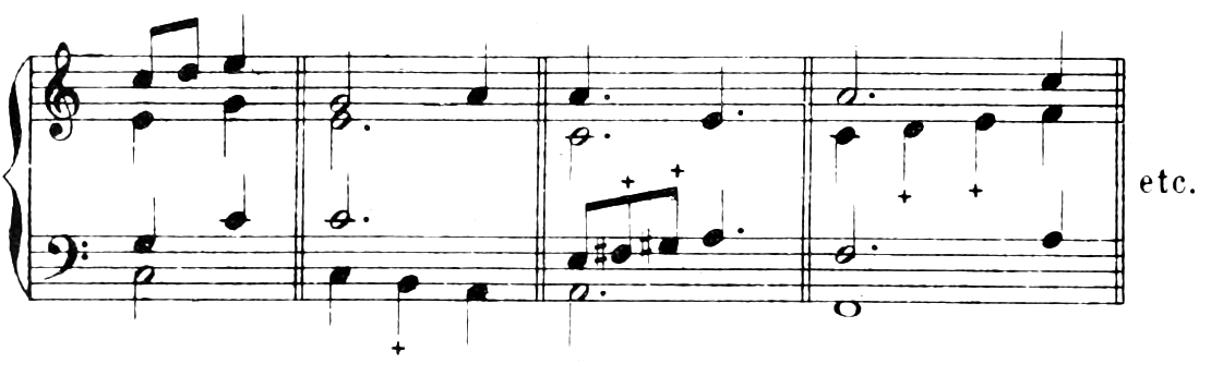 Example: simple passing notes (+) in one part at a time: soprano D between C and E; bass B between C and A; tenor F♯ and G♯ between E and A (melodic minor); alt