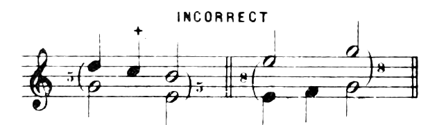 Incorrect: parallel fifths (D–G to B–E) and parallel octaves (E–E to G–G) are not hidden by an intervening passing note.