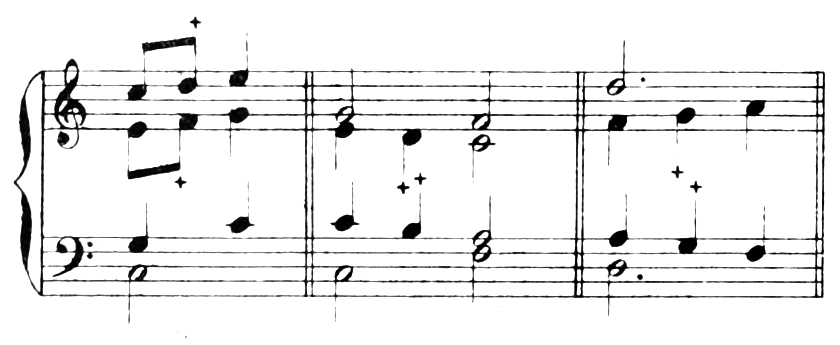 Example: double passing notes (+) in parallel sixths (soprano and alto), parallel thirds (alto and tenor), and contrary motion (alto and tenor).