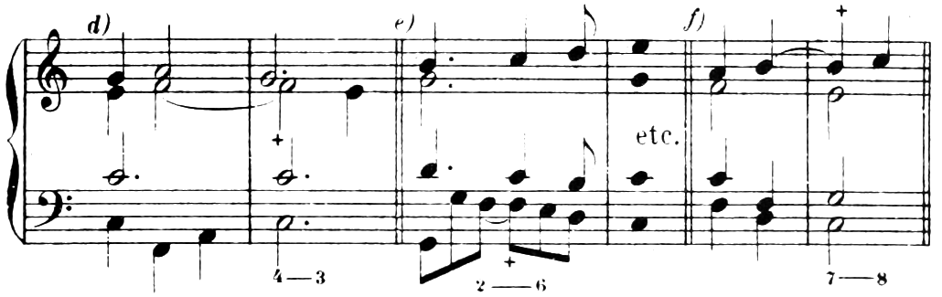 Example: d) in triple time, the alto F held over from the F chord and resolving to E on the third beat (4–3). e) The bass F held over in eighth notes (2) and re