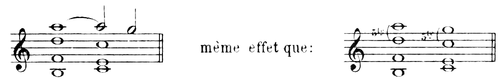 Example: the suspension A–G in the top part over D–C still yields the same effect as the parallel fifths A/D–G/C (marked "5th").
