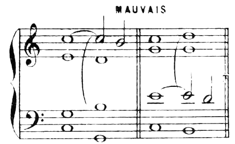 BAD: in the first fragment the soprano C is held over the G chord while the tenor already sounds B, its note of resolution; in the second, the tenor E is held o