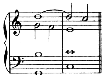 Example: the soprano's suspended D sounds a ninth above the tenor's C, the note of resolution, in an incomplete C major triad (C–C–E).