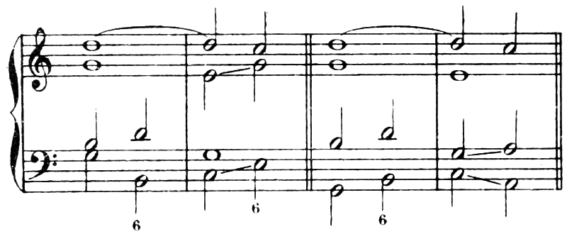 Example: the soprano's suspension D–C resolves while the other parts move (to C major in first inversion in the first pair of bars, to A minor in the second); f