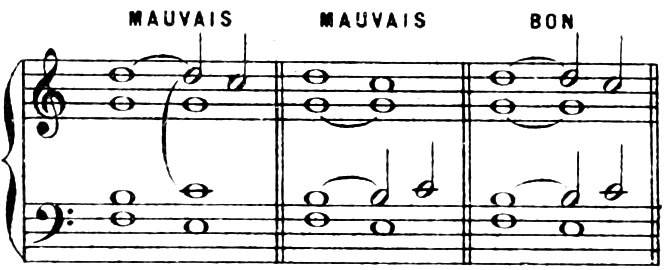 Bad: the soprano suspension D sounds against C, its note of resolution, in the tenor. Bad: the tenor suspension B sounds against C, its note of resolution, in t