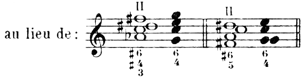 "Instead of:" two chords on the 2nd degree (II) in C major, each resolving to the tonic 6/4 chord: A♭–C–D♯–F♯ (figured ♯6/♯4/3) going to G–C–E–G (6/4); after a