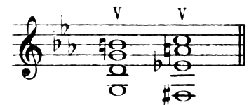 C minor, one treble staff: the dominant triad G–D–G–B♮ (V) followed by the diminished seventh chord F♯–E♭–A♮–C (labelled V), whole notes.