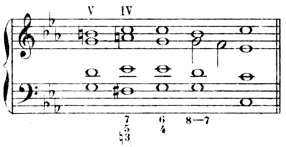 C minor, grand staff: dominant G–D–G–B♮ (V); diminished seventh F♯–E♭–A♮–C (IV, figured 7/5/♮3); tonic 6/4 chord G–E♭–G–C (6/4); dominant G–D–B with the alto G–