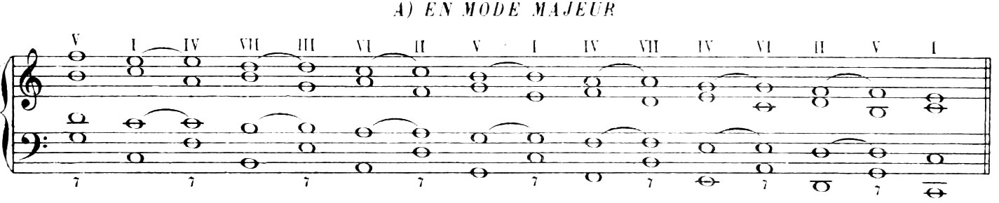 A) In the major mode: sixteen chords descending by fifths in C major, seventh chords (figured 7) alternating with triads, the common notes tied