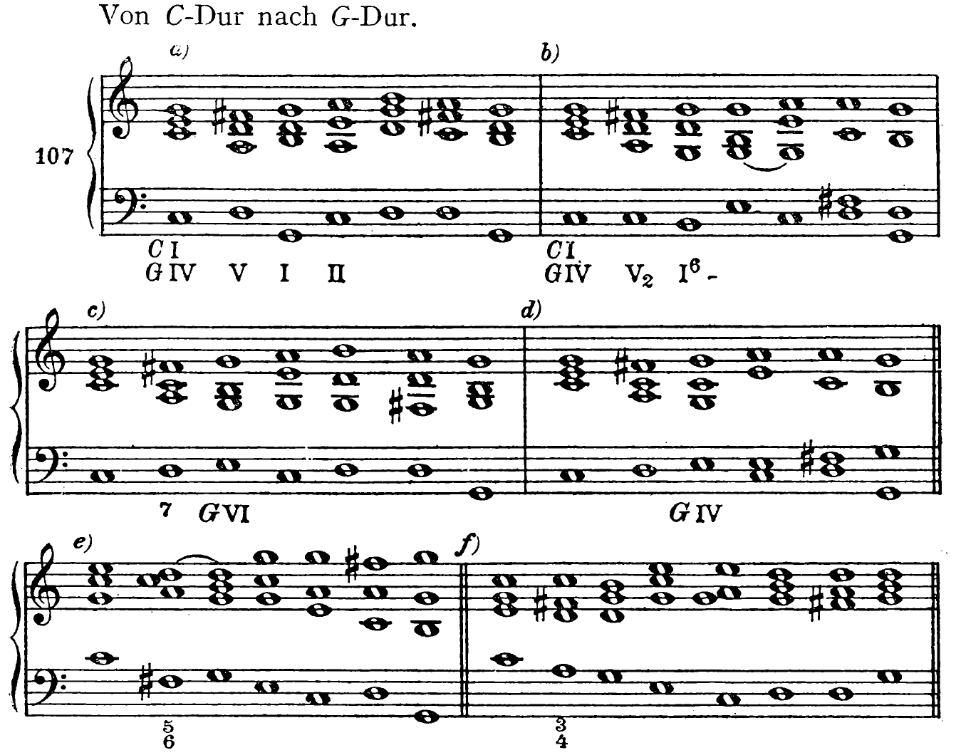 From C major to G major. 107. a) b) c) d) e) f)