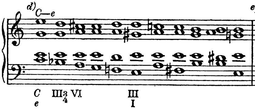 d) C to E minor (C: III³₄, VI, III; e: I)