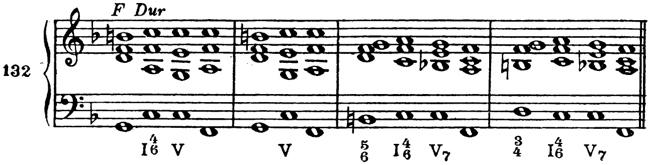 132. F major: I⁶₄, V | V | ⁶₅, I⁶₄, V7 | ⁴₃, I⁶₄, V7