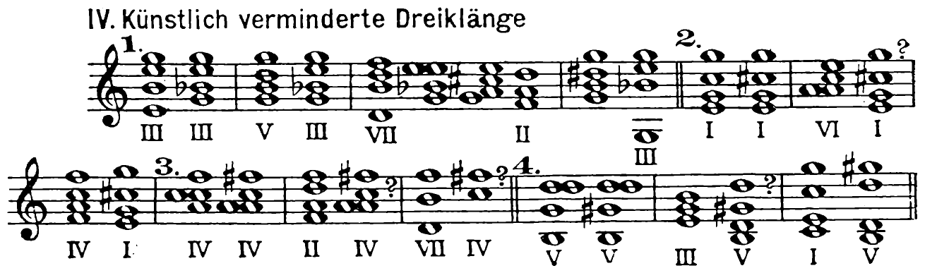 136a IV. Artificially diminished triads — 1. III, III | V, III | VII, II | III ‖ 2. I, I | VI, I ? | IV, I | 3. IV, IV | II, IV ? | VII, IV ? ‖ 4. V, V | III, V