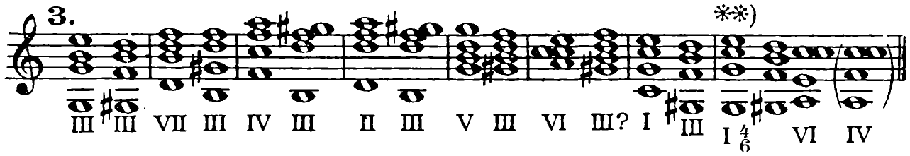 3. III, III | VII, III | IV, III | II, III | V, III | VI, III? | I, III | I⁶₄ **), —, VI (IV)