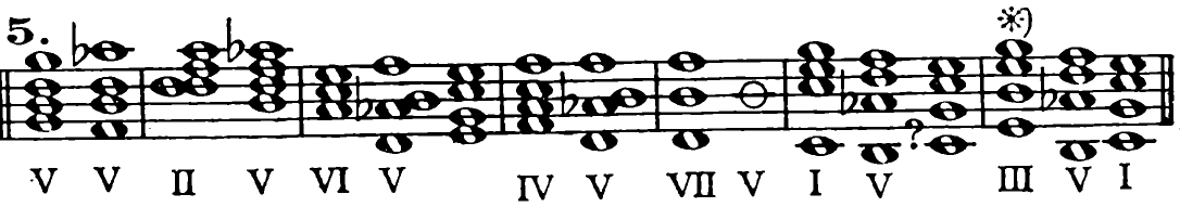 5. V, V | II, V | VI, V | IV, V | VII, V (circle sign Θ) | I, V ? | III *), V, I