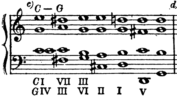 c) C to G major (C: I, VII, III; G: IV, III, VI, II, I, V)