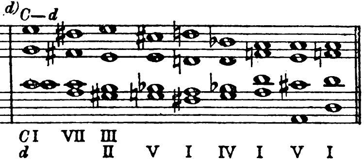 d) C to D minor (C: I, VII, III; d: II, V, I, IV, I, V, I)