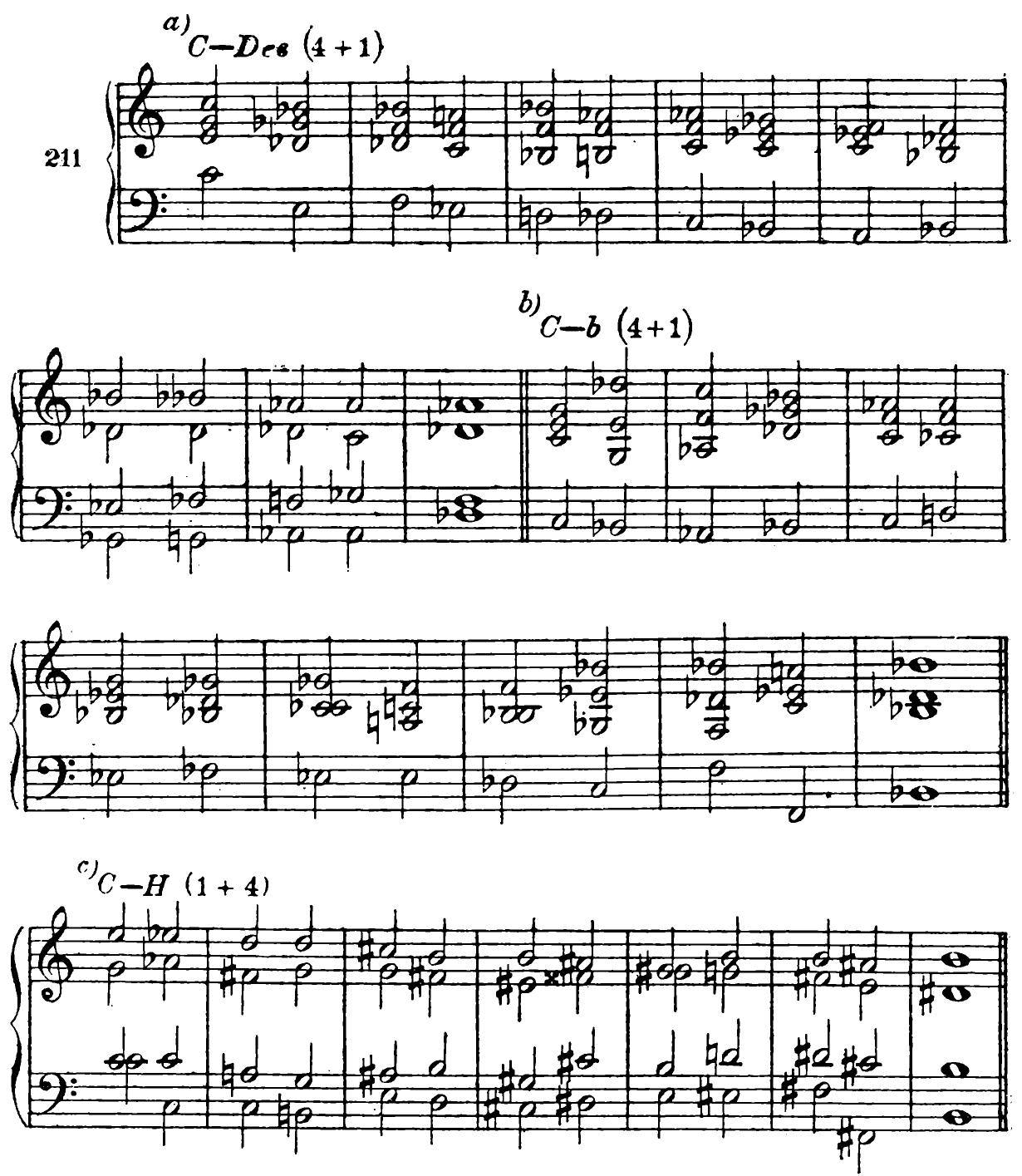 211 a) C major–D-flat major (4+1); b) C major–B-flat minor (4+1); c) C major–B major (1+4)