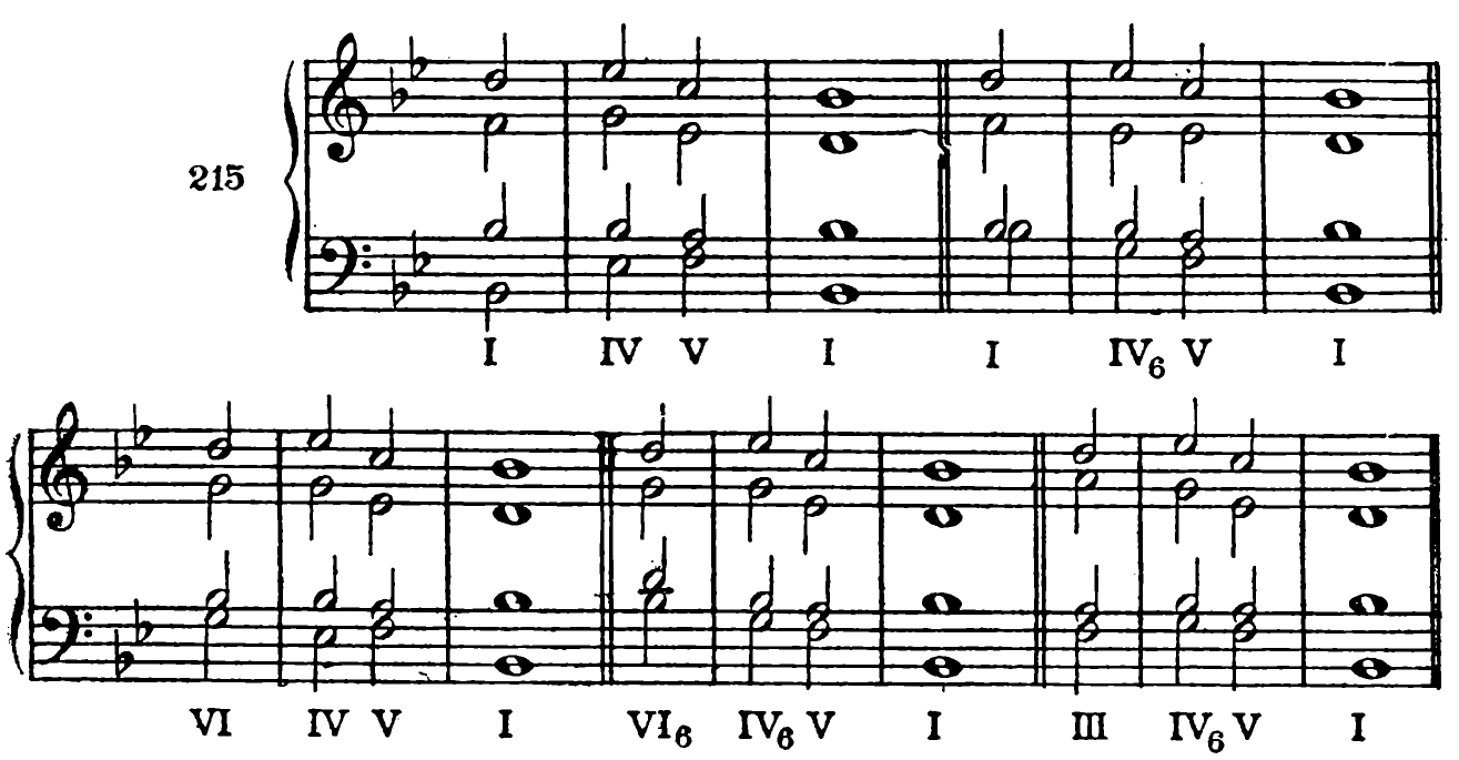 215 I–IV–V–I; I–IV₆–V–I; VI–IV–V–I; VI₆–IV₆–V–I; III–IV₆–V–I